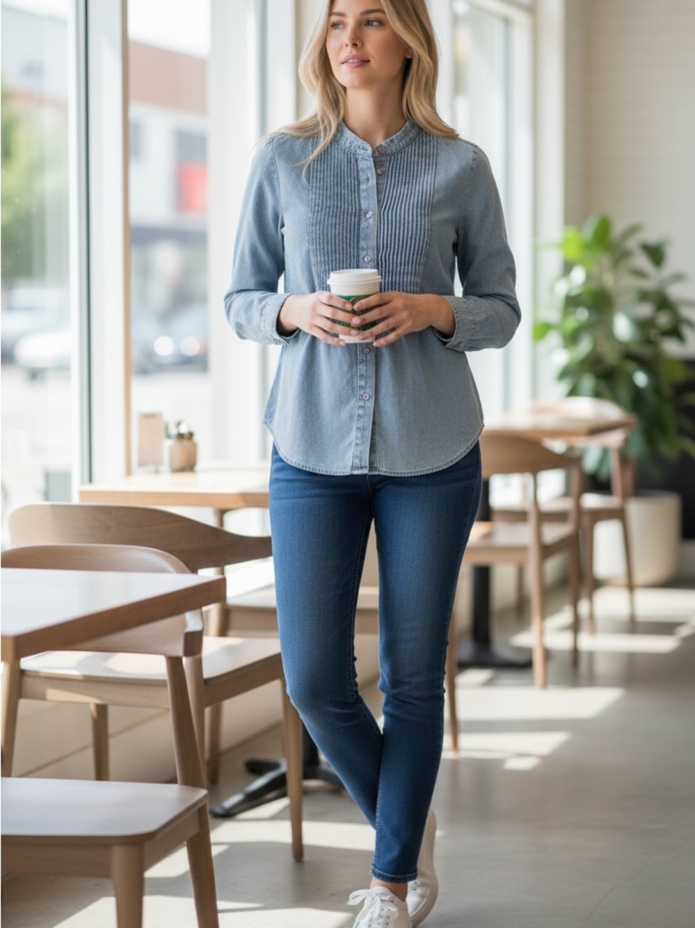 Quince Light Blue Pintuck Button-Up Blouse